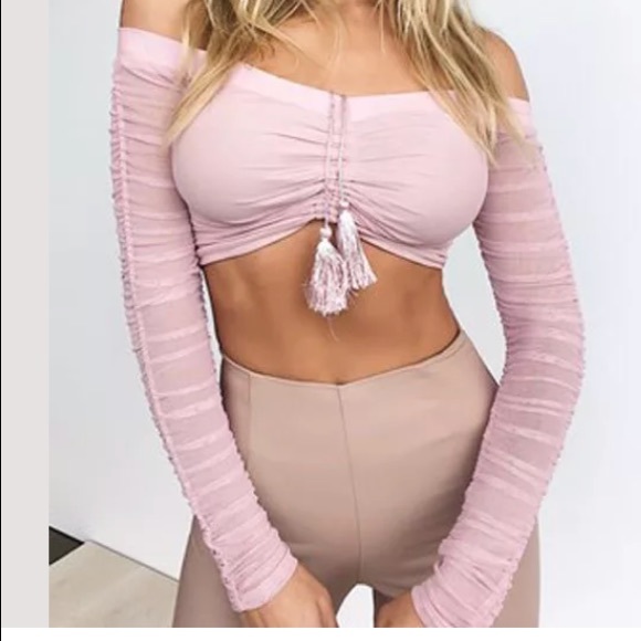 Tops - Pink mauve ruched long sleeve scrunch crop top sexy lingerie date night club D3